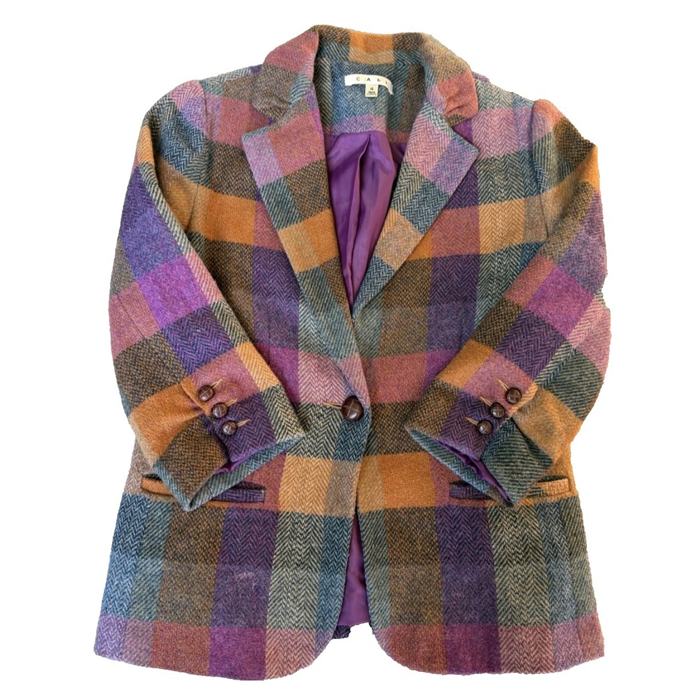 CAbi Womens Wool Blazer Sz 4 Multicolor Plaid Herringbone Purple Orange - Picture 2 of 7